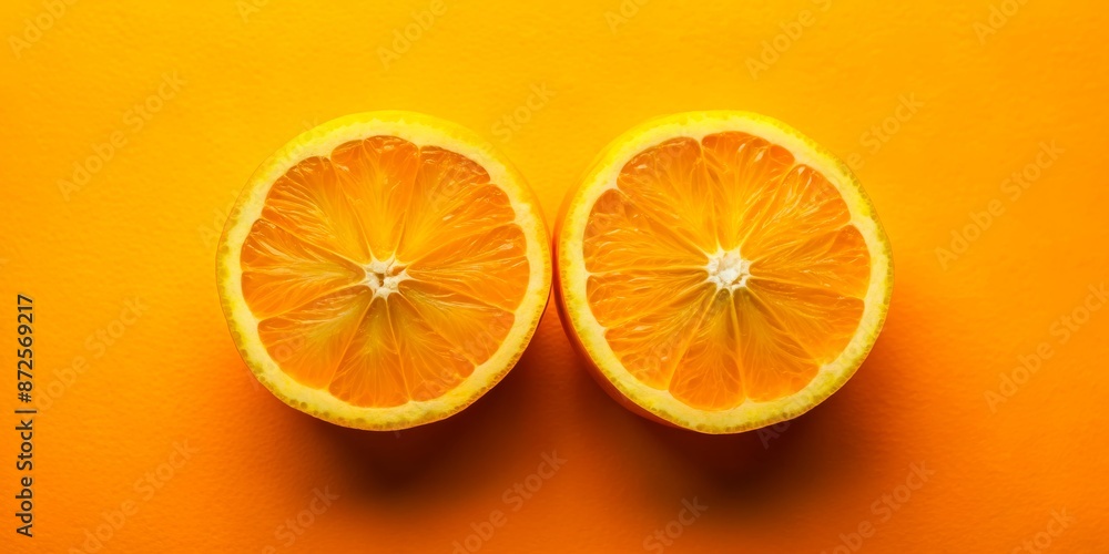 Two Slices of Fresh Orange on Orange Background - Fruit, Citrus, Vitamin C, Healthy, Food Two Slices of Fresh Orange on Orange Background - Fruit, Citrus, Vitamin C, Healthy, Food