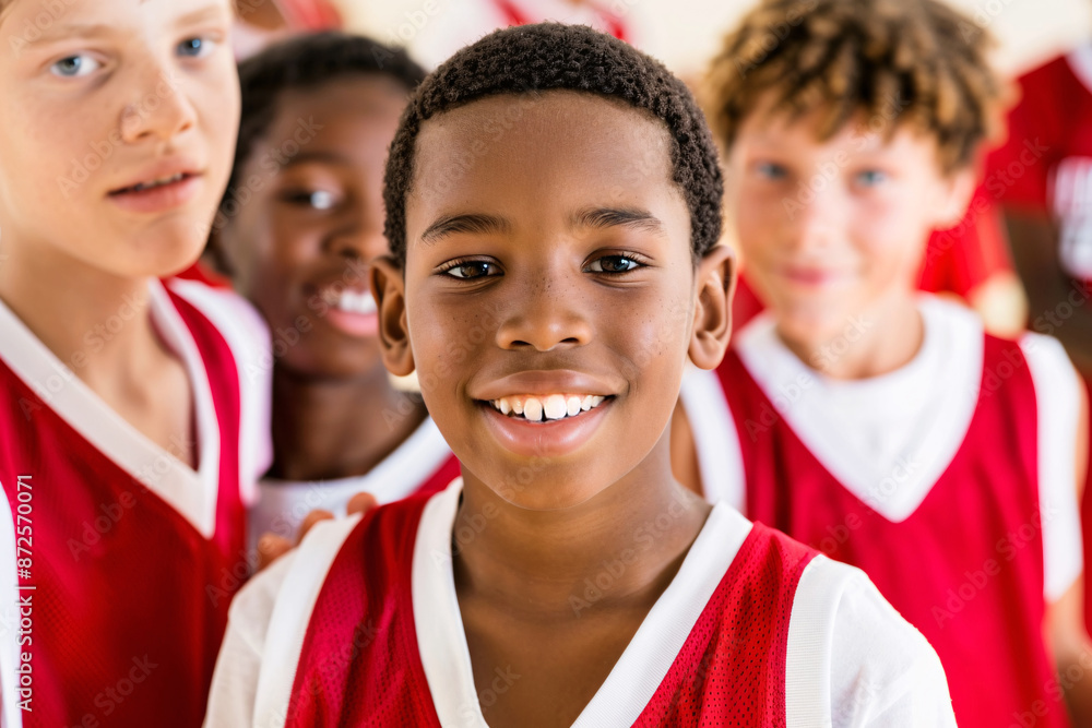A joyful group of diverse children in red basketball jerseys smiling and enjoying their time together, highlighting themes of friendship, unity, and fun in a team sports setting. A joyful group of diverse children in red basketball jerseys smiling and enjoying their time together, highlighting themes of friendship, unity, and fun in a team sports setting.