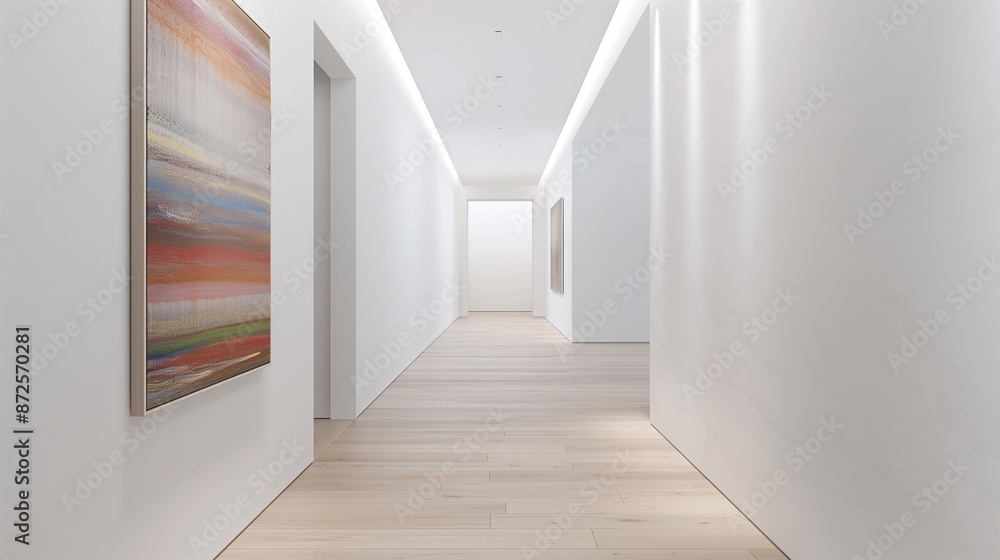 A hallway with white walls, light wooden flooring, and a single piece of art A hallway with white walls, light wooden flooring, and a single piece of art