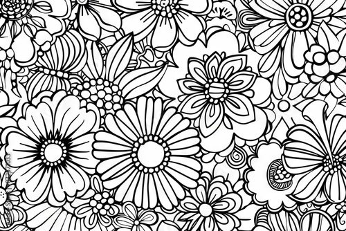 A close-up, intricate illustration of various flower shapes and sizes in black and white