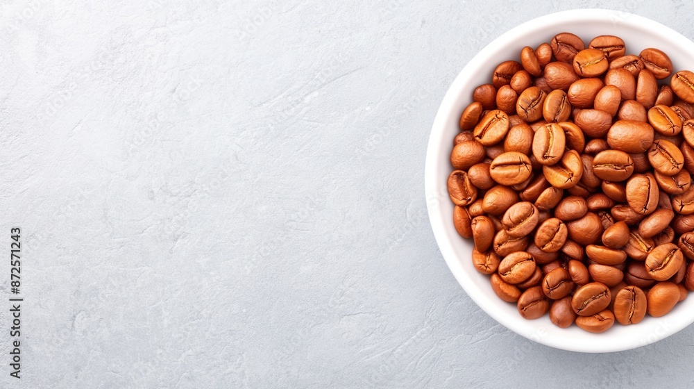 Bowl of coffee beans flat lay on white table top with copy space. Bowl of coffee beans flat lay on white table top with copy space.