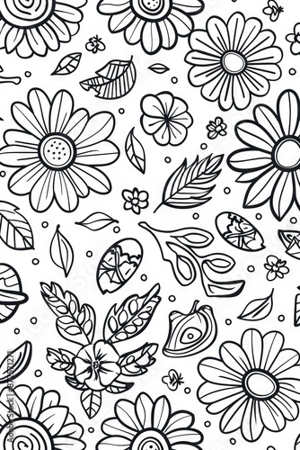 A delicate pattern of black and white daisies and leaves, creating a beautiful and intricate design