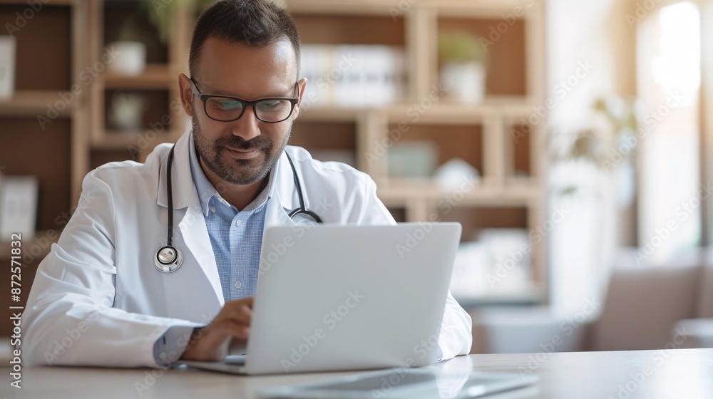 A polished, magazine-quality photo of a doctor engaged in a virtual consultation via a laptop, stylish composition, luxurious background, rich colors and textures A polished, magazine-quality photo of a doctor engaged in a virtual consultation via a laptop, stylish composition, luxurious background, rich colors and textures