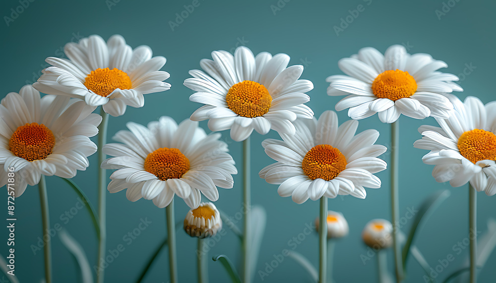 Obraz premium White daisies on a blue background. 3d rendering.