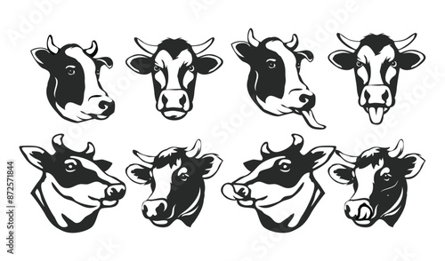 Set of silhouette cow heads collection, black and white cow head logo, farm animal, isolated on white background. Cattle Farming symbols with monochrome style. Flat vector illustration.