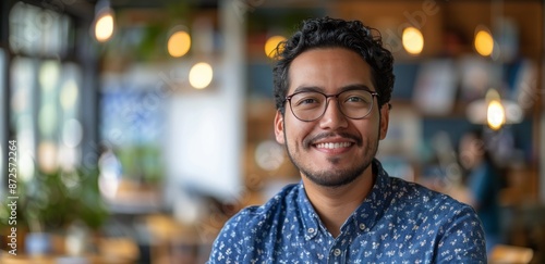 Smiling Man Wearing Glasses in a Cafe