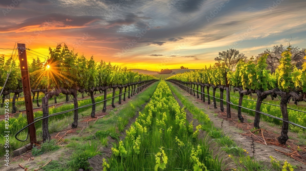 Fototapeta premium A vineyard with rows of vines and a sun shining on them