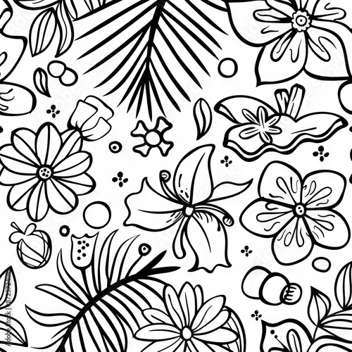 A stylized illustration features a vibrant array of tropical flowers, leaves, and other natural elements in a whimsical black and white pattern