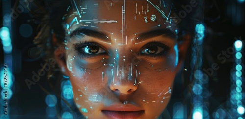 Close Up of Womans Face With Digital Overlay and Blue Lights
