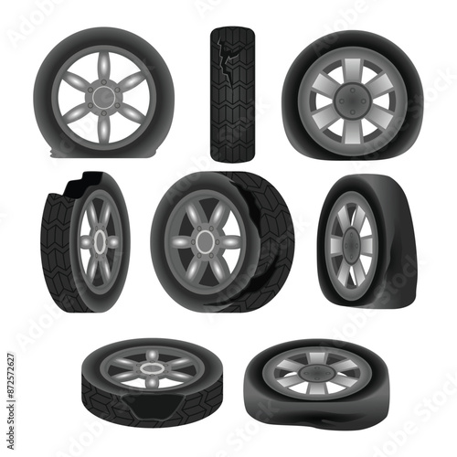 Set of realistic deflated car tire or flat tire, Deflated automobile tire. Punctured wheel of car. Element of Tire service station. Cartoon flat illustration, accident and repair concept.