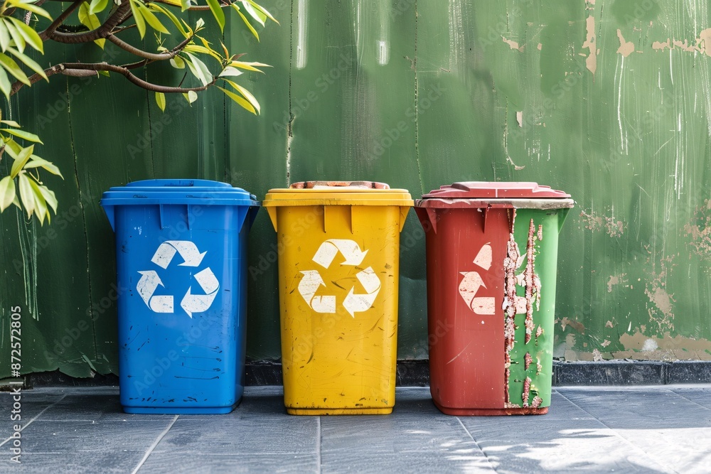 Recycling bins. Colorful trash cans in a row in the city. Recycling concept. Recycling bins. Colorful trash cans in a row in the city. Recycling concept.