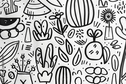 A playful and abstract pattern of various black and white hand-drawn elements, including flowers, plants, leaves, and geometric shapes