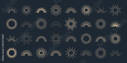 Set vintage sunburst. Bursting rays sunrise firework.