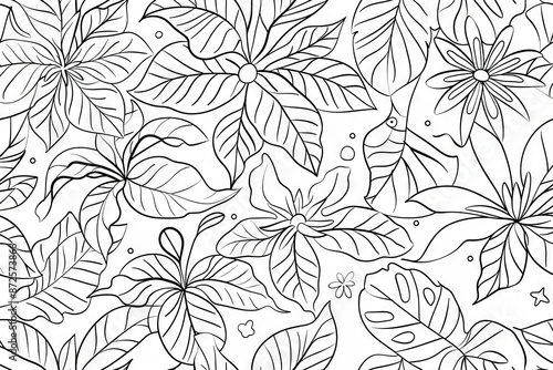 A delicate black and white drawing of intricate leaves and blooming flowers, creating a beautiful and intricate floral pattern