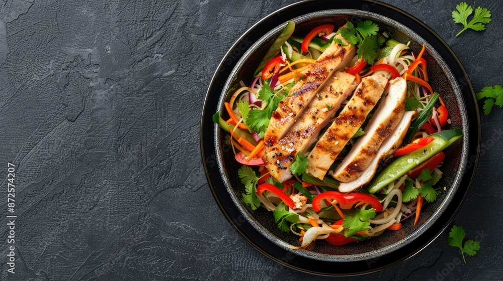 Fresh and colorful Thai papaya salad with grilled chicken breast, presented from a top view to showcase healthy eating. Fresh and colorful Thai papaya salad with grilled chicken breast, presented from a top view to showcase healthy eating.