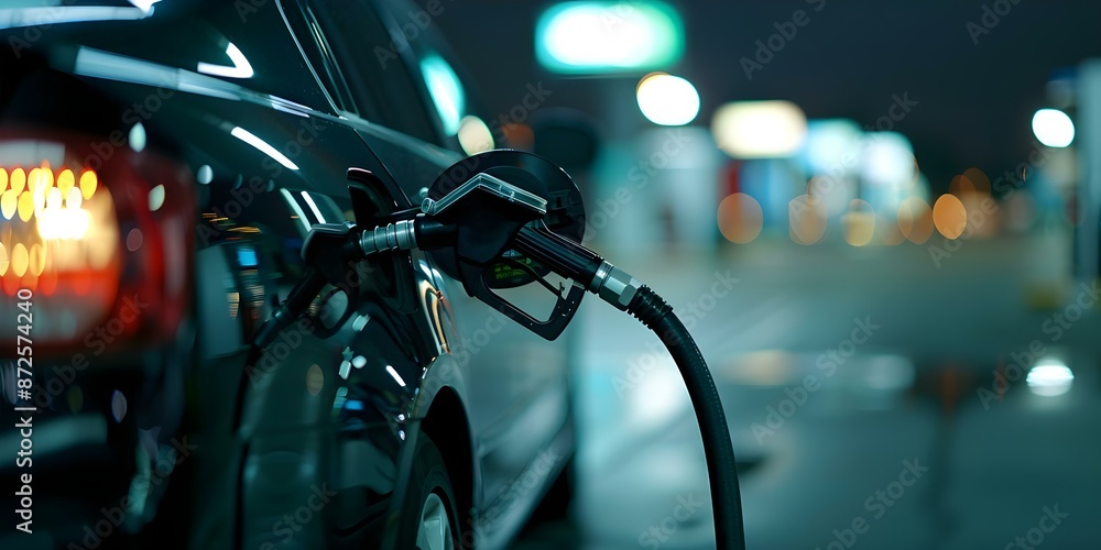 Fototapeta premium Nighttime Scene Car Refueling at Gas Station with City Lights. Concept Nighttime Scene, Car Refueling, Gas Station, City Lights, Urban Environment