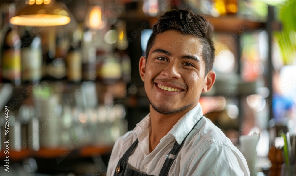 Fototapeta premium A cheerful young Latin waiter works in a busy city restaurant and bar.