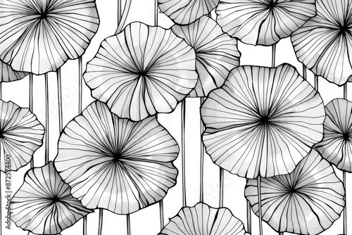 Water lily leaves are depicted in a detailed black and white drawing, with delicate lines highlighting their intricate details and graceful forms