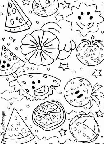 A hand-drawn illustration features various fruits like watermelon, oranges, and a tomato, all depicted in a whimsical, black and white style