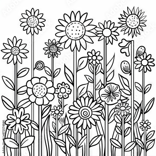 A field of flowers in full bloom, drawn in black and white. The flowers are stylized and appear to be blooming in a garden setting