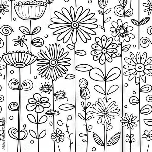A black and white illustration of a garden full of vibrant flowers and whimsical details