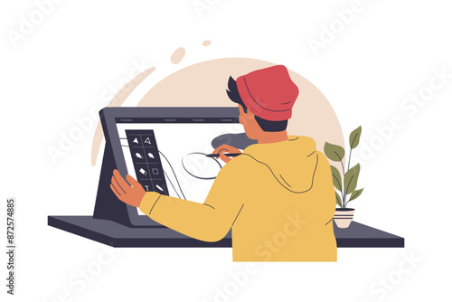 Graphic designer concept illustration. Artist drawing digital art on tablet. Illustration for websites, landing pages, mobile applications, posters and banners. Trendy flat vector illustration