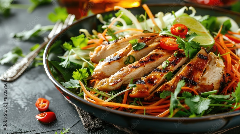 Thai papaya salad with grilled chicken breast, styled in a modern, clean presentation, perfect for showcasing fresh ingredients Thai papaya salad with grilled chicken breast, styled in a modern, clean presentation, perfect for showcasing fresh ingredients