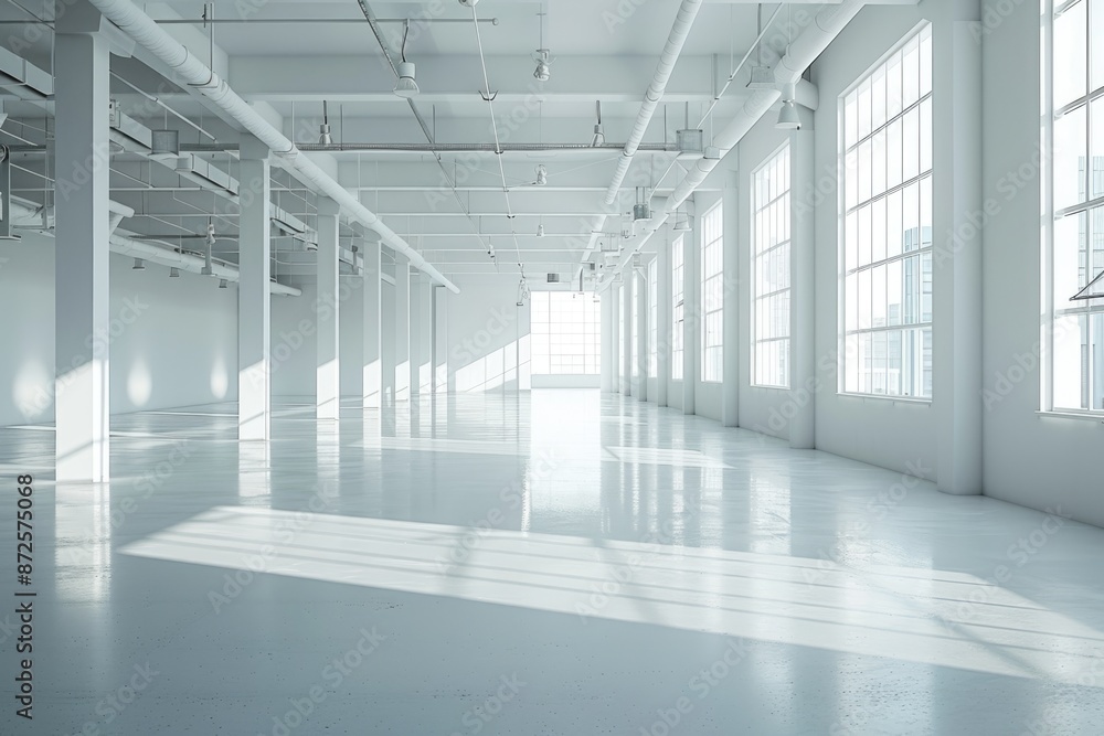 Empty modern white warehouse with a spacious interior and clean white background Empty modern white warehouse with a spacious interior and clean white background