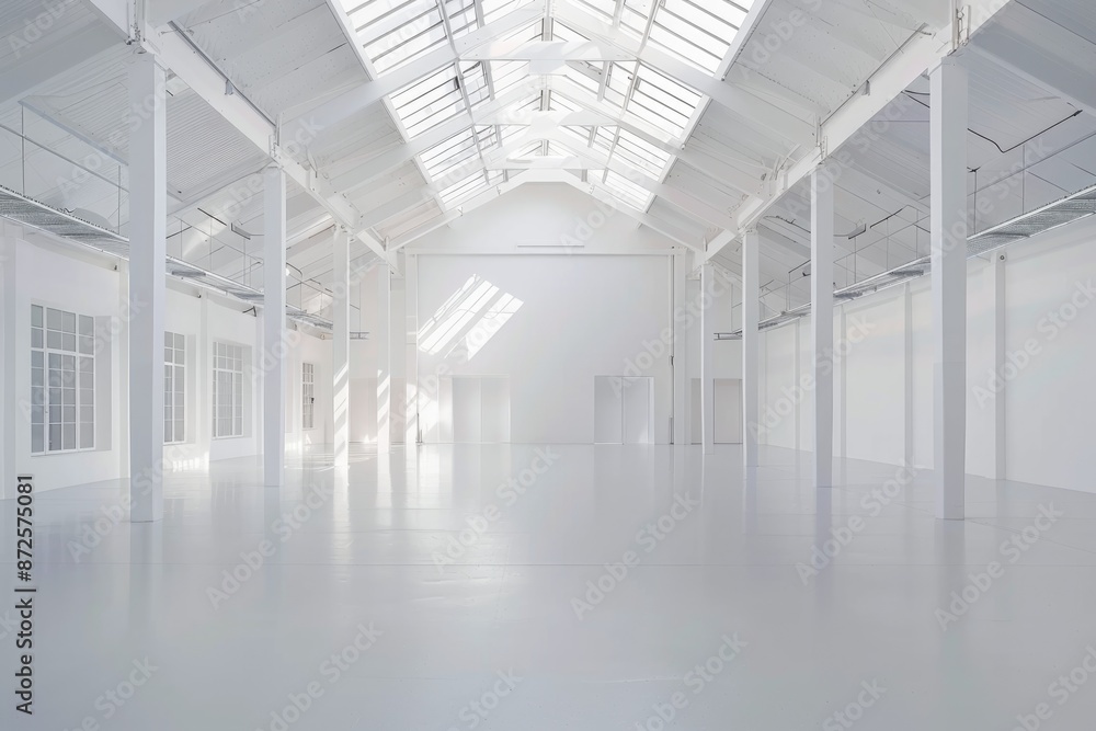 Empty modern white warehouse with a spacious interior and clean white background Empty modern white warehouse with a spacious interior and clean white background