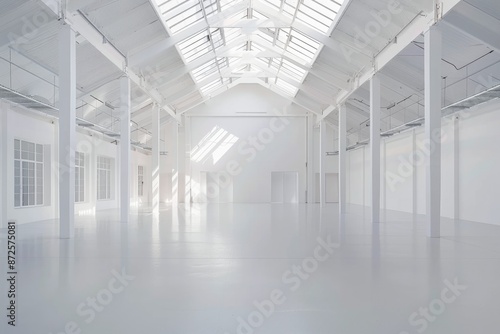 Empty modern white warehouse with a spacious interior and clean white background © kitipol
