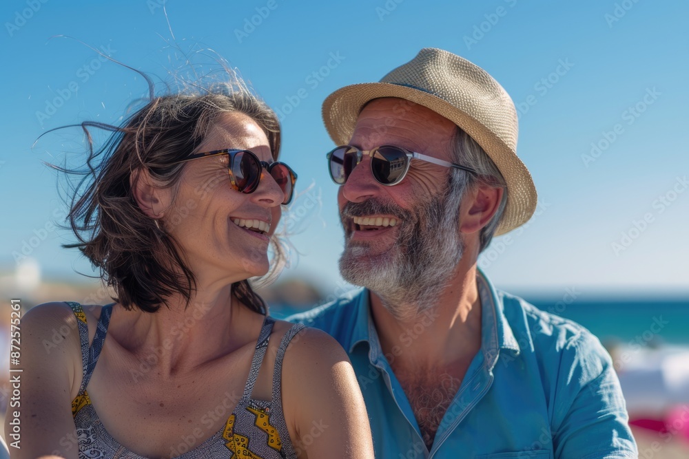 A happy middle-aged couple standing on the beach A happy middle-aged couple standing on the beach