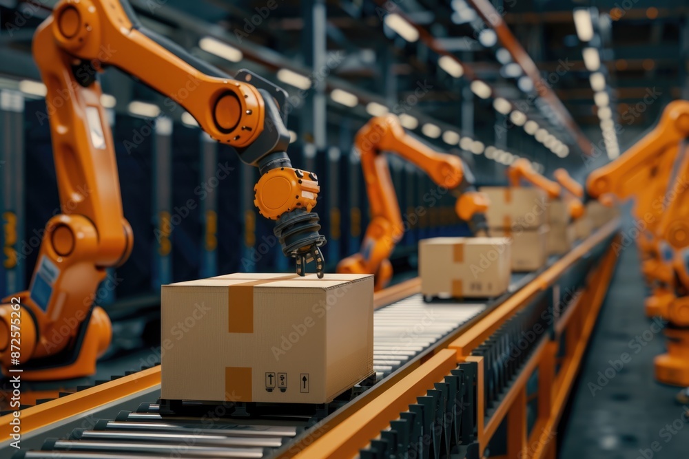 orange robotic arms transferring carton boxes along a conveyor belt in a contemporary factory. orange robotic arms transferring carton boxes along a conveyor belt in a contemporary factory.