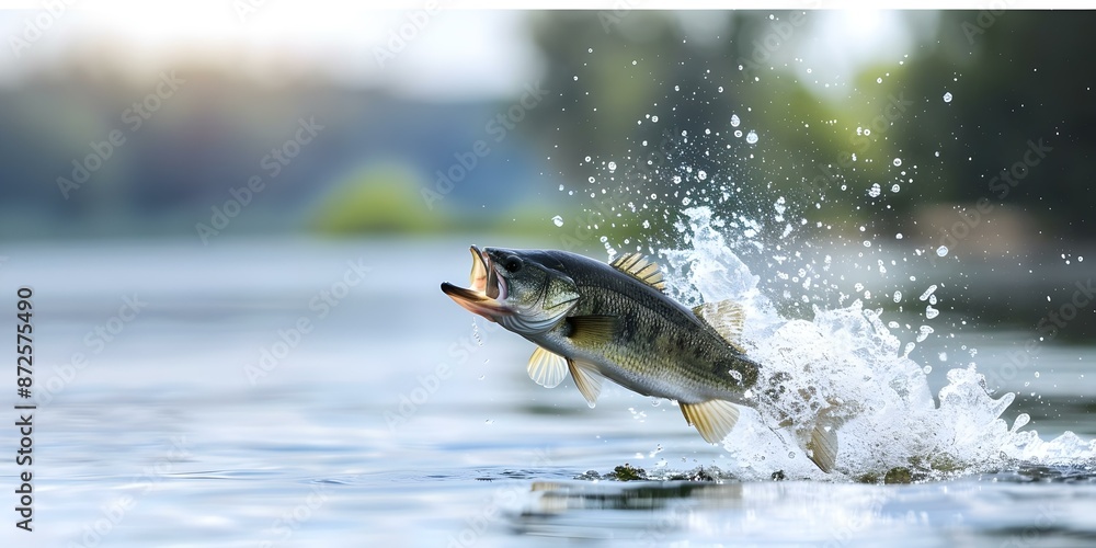 Fototapeta premium Impressive Catch A Large Black Bass Leaping Out of the River. Concept Fishing, Bass Fishing, River Adventure, Outdoor Excitement