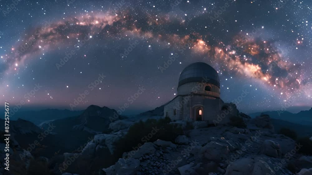 A long exposure photo of the Milky Way galaxy arching over a small abandoned observatory on a mountaintop. The sky is full of stars and the landscape is rocky and rugged. A long exposure photo of the Milky Way galaxy arching over a small abandoned observatory on a mountaintop. The sky is full of stars and the landscape is rocky and rugged.