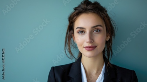 A professional portrait of a young, beautiful woman presenter against a solid color background, exuding confidence and poise