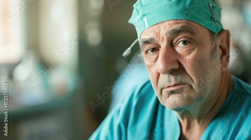 Close-up of a doctor in scrubs, captured in a raw photo from a dynamic angle during a medical consultation, showcasing compassion and professionalism