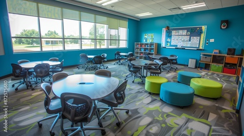 Adaptive classroom featuring flexible seating, interactive boards, and digital tools