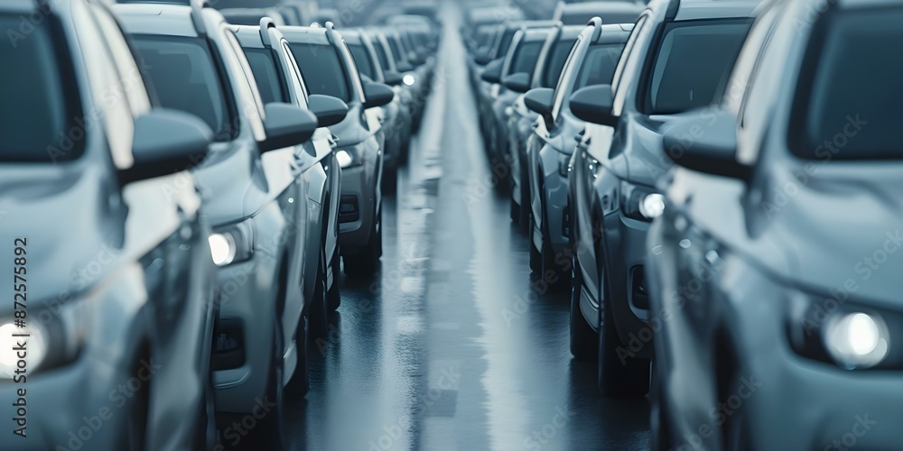 Traffic jam with cars and vans waiting in long line. Concept Traffic Congestion, City Streets, Rush Hour, Gridlocked Vehicles, Long Queue Traffic jam with cars and vans waiting in long line. Concept Traffic Congestion, City Streets, Rush Hour, Gridlocked Vehicles, Long Queue