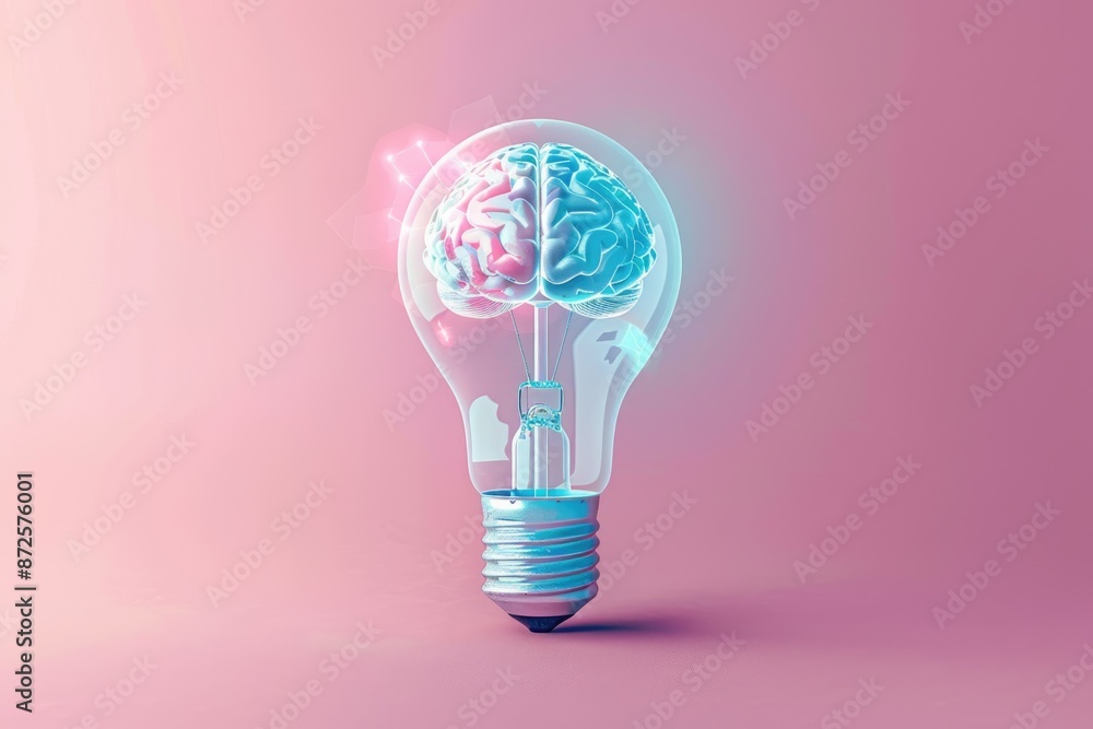A futuristic light bulb with a brain hologram above it, displayed against a solid color background. The design signifies innovation and smart thinking, with space for text. A futuristic light bulb with a brain hologram above it, displayed against a solid color background. The design signifies innovation and smart thinking, with space for text.