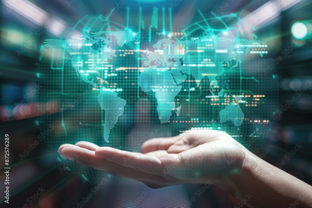 Hologram of a digital world map in a hand, set against a high-tech background, symbolizing global business and marketing Hologram of a digital world map in a hand, set against a high-tech background, symbolizing global business and marketing