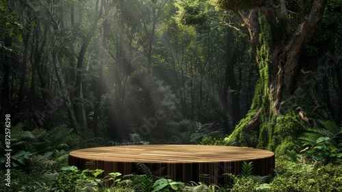 A serene forest setting with sunlight filtering through the canopy illuminating a wooden platform surrounded by lush greenery