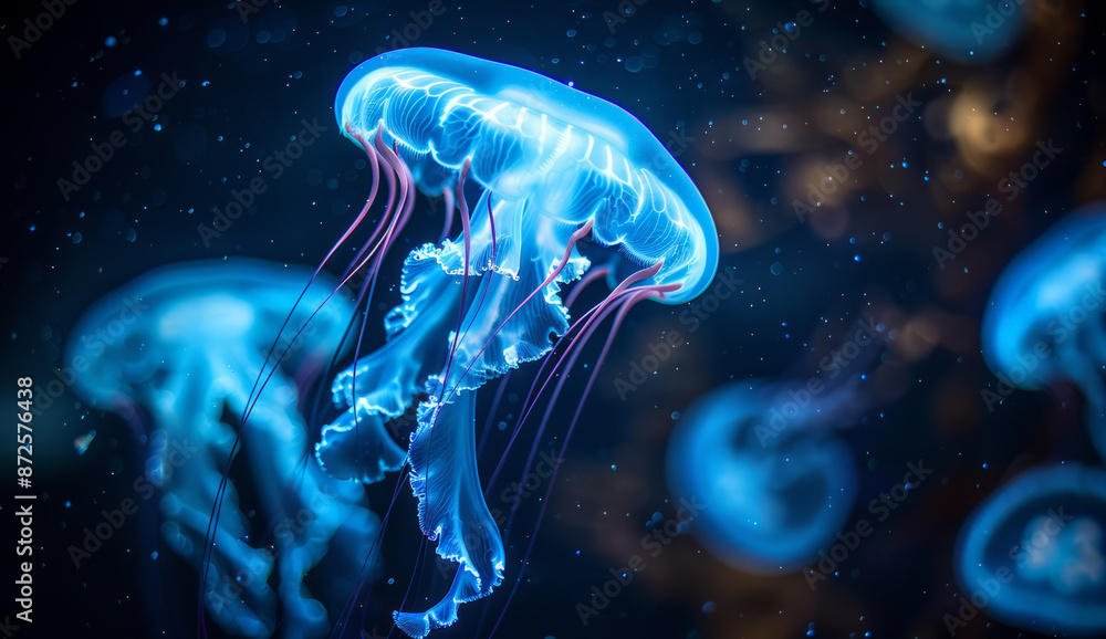 Glowing Blue Jellyfish in a Dark Aquarium Glowing Blue Jellyfish in a Dark Aquarium