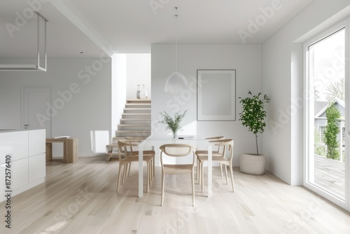 Modern white dining room with minimal decor, cozy seating, and natural light