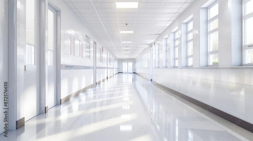 An empty school corridor with bright lighting and clean, white walls An empty school corridor with bright lighting and clean, white walls