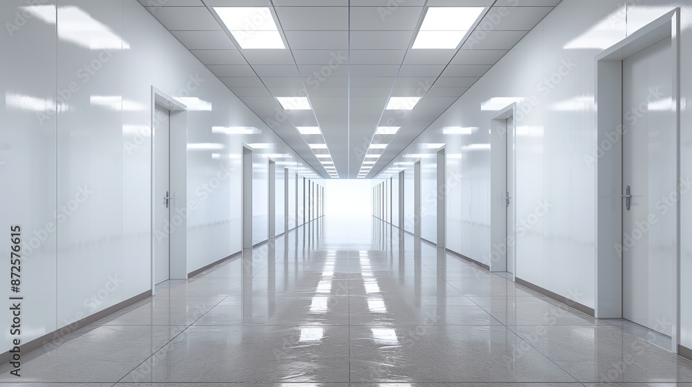 An empty school corridor with bright lighting and clean, white walls An empty school corridor with bright lighting and clean, white walls