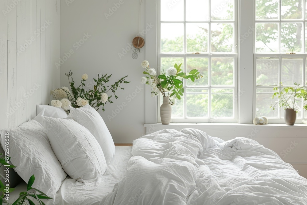Cozy white bedroom with minimal design, soft bedding, and natural light Cozy white bedroom with minimal design, soft bedding, and natural light