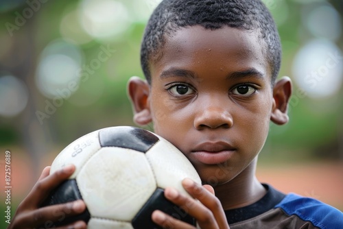 Boy gripping a soccer ball tightly, with a determined look on his face