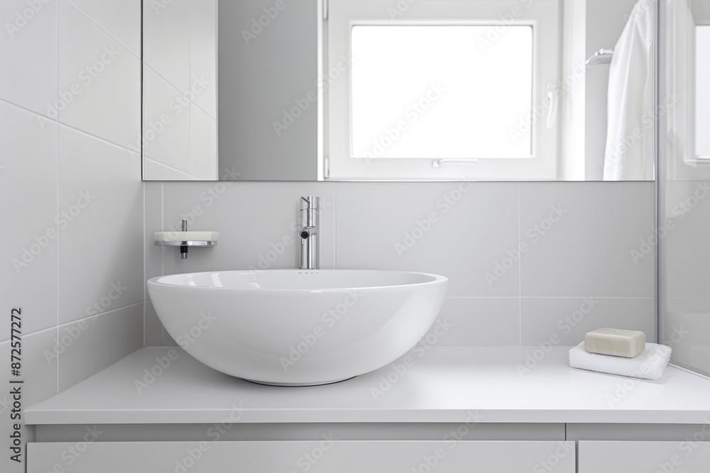 Simple and modern white bathroom with a white sink and minimal fixtures, showcasing minimalism. Simple and modern white bathroom with a white sink and minimal fixtures, showcasing minimalism.