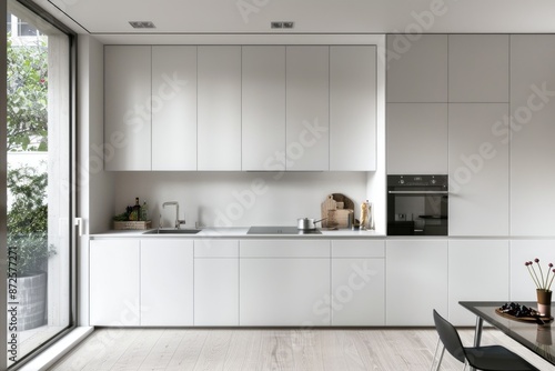 Minimal white kitchen with white cabinets and a sleek design, reflecting modern aesthetics.
