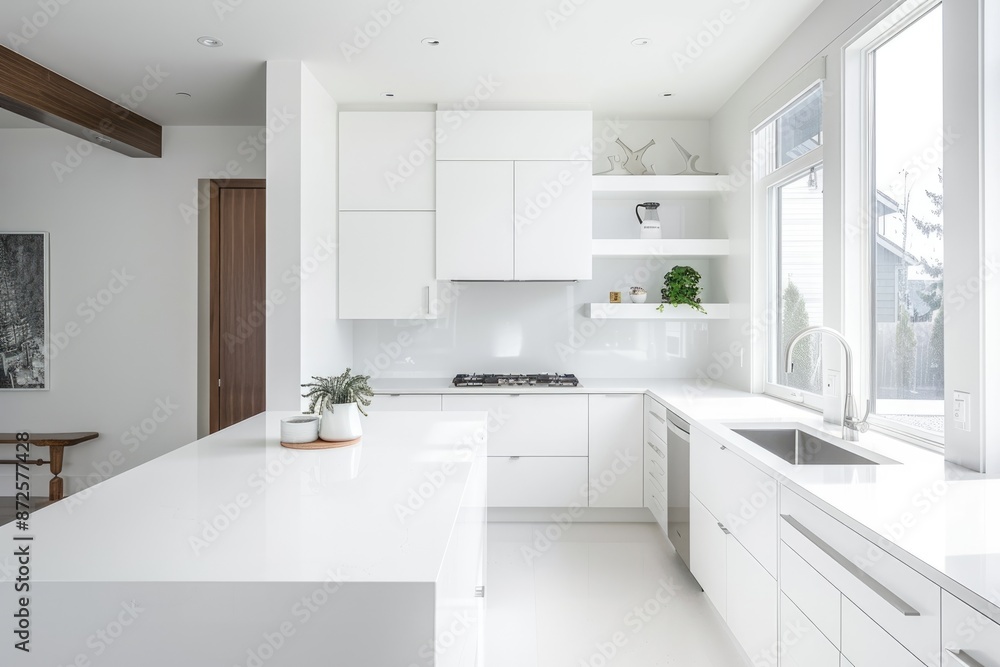 Fototapeta premium Minimalistic white kitchen featuring white countertops and cabinets, bathed in natural light.
